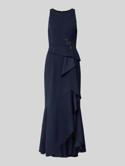 Produktfoto, Regular Fit Abendkleid mi Ziersteinbesatz von Adrianna Papell in Dunkelblau, Elastischer-Material-Mix, Gelegte Falten, Ärmelloses-Design, Rundhalsausschnitt, Rückenlänge 137 cm, Brustweite 36 cm bei Größe 36.