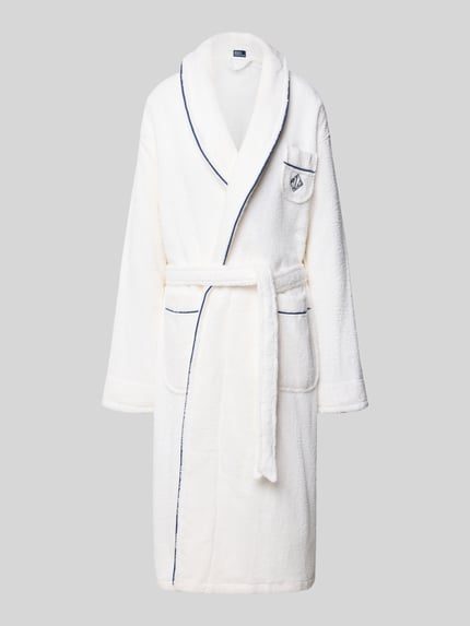 Produktfoto, Bademantel mit Reverskragen von Polo Ralph Lauren aus reiner Baumwolle, locker geschnitten, weiß mit blauen Details, Label-Detail sichtbar