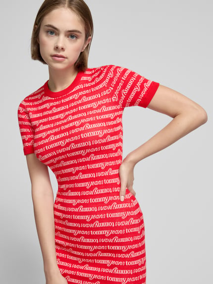Tommy Jeans T-Shirt-Kleid mit Rundhalsausschnitt Modell 'SCRIPT' Rot 3