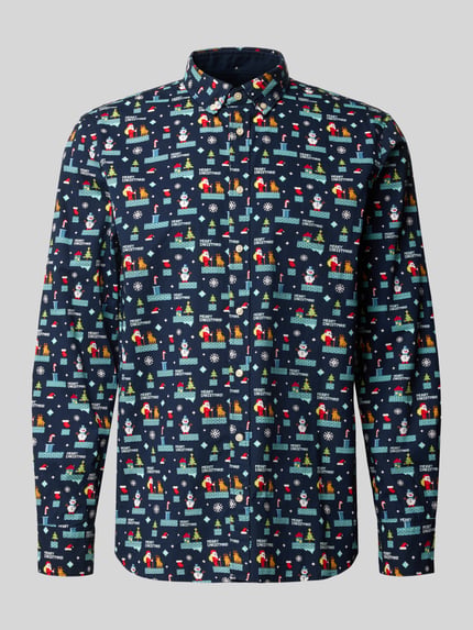 Produktfoto, Regular Fit Freizeithemd mit Button-Down-Kragen im Allover-Look von Montego, reine Baumwolle, Allover-Muster mit bunten Formen auf dunkelblauem Stoff, Herrenhemd, 76 cm Rückenlänge, 48 cm Schulterbreite, 66 cm Ärmellänge
