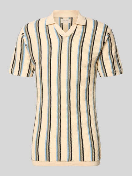 Produktfoto, Slim Fit Poloshirt mit V-Ausschnitt Modell 'AMOS' von Blend, Herren Poloshirt aus Reine Baumwolle im Allover-Look, beige mit blauen und schwarzen Streifen, Rückenlänge bei Größe M 71 cm, strukturierte Textur