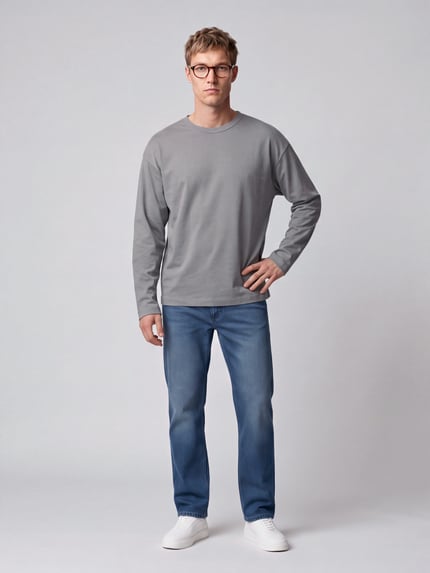 Marc O'Polo DENIM Langarmshirt mit geripptem Rundhalsausschnitt Mittelgrau 1