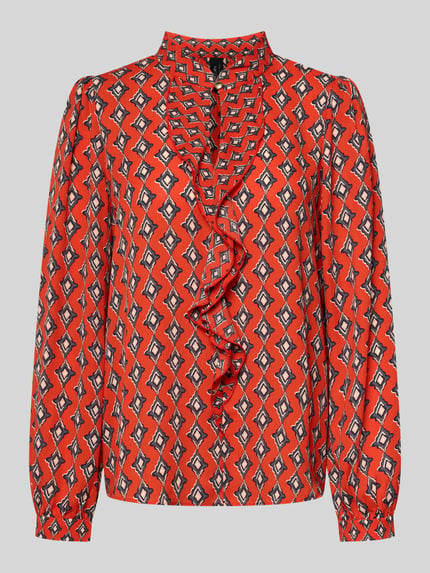 Produktfoto, Regular Fit Bluse im Allover-Look mit Volants von Marc Cain in Rot mit grafischem Muster, Stehkragen, Schlüsselloch-Ausschnitt