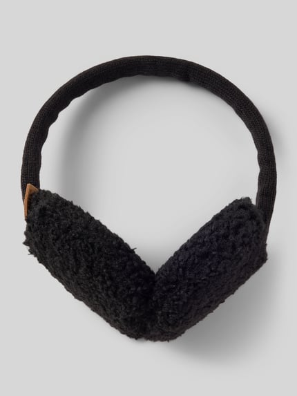 Produktfoto, Ohrenwärmer mit Teddyfell-Besatz Modell 'Browniez' von Barts in Schwarz, weiche Textur vor grauem Hintergrund