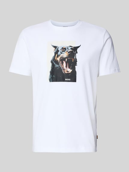 Produktfoto, Slim Fit T-Shirt aus reiner Baumwolle Modell 'TE_DOBERMANN' von BOSS Orange, Optik: Unifarben, Animal-Print, Rundhals, Kurzarm, Materialverarbeitung: Jersey, Farbe: Weiß