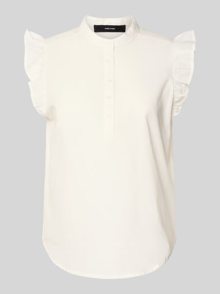 Productfoto, Regular Fit Bluse aus Baumwoll-Leinen-Mix Modell 'SELMA' van Vero Moda, effen look, popeline, hoge kraag, frill mouwafwerking, knoopsluiting, wit