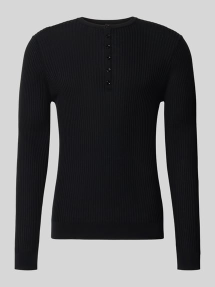 Produktfoto, Strickpullover aus Lyocell-Woll-Mix mit Knopfleiste von Antony Morato, schwarz, Ripp-Optik, Slim Fit, Rundhalsausschnitt