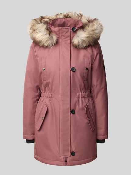 Productfoto, Parka met afneembare imitatiebontcapuchon van ONLY, effen roze, tunnelkoord in de taille, geribbelde mouwzoom, klep- en steekzakken, knoop- en ritssluiting, deelnaden