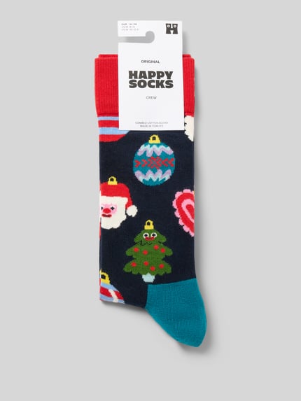 Produktfoto, Socken aus elastischem Baumwoll-Mix mit Logo-Stitching von Happy Socks, Model 'Christmas Decorations', mieszanka bawełny i elastanu, wyhaftowane logo, wyhaftowany motyw bożonarodzeniowy