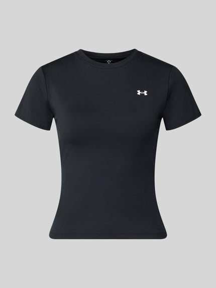 Produktfoto, T-Shirt mit Rundhalsausschnitt und Logo von Under Armour, damski t-shirt, czarny, mieszanka materiałów z dodatkiem streczu, krój slim fit, okrągły dekolt, logo, długość tyłu w rozmiarze S: 49 cm