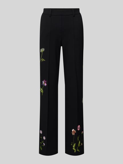 Produktfoto, zwarte Stoffhose met Franse steekzakken Model 'FRANCOISE' van Cambio, viscosemix met stretch, rechte snit, geborduurde bloemen, tailleband, bandplooien, achterzakken