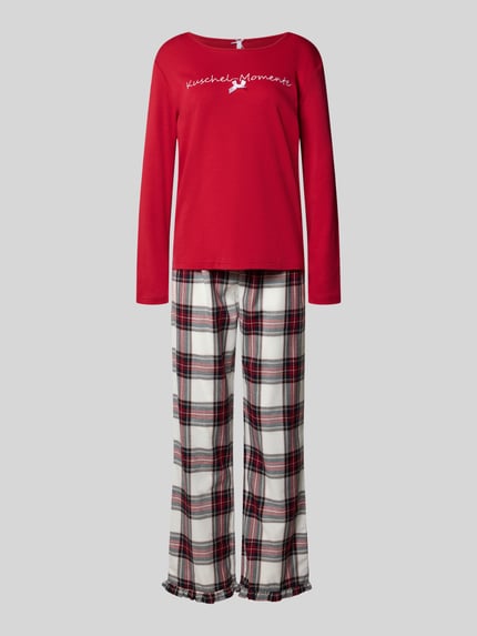 Produktfoto, Pyjama mit Statement-Stitching Modell 'Kuschel-Momente' von LOUIS & LOUISA, Damen Pyjama aus reiner Baumwolle, rotes Oberteil, karierte Hose, Loose Fit, Rundhalsausschnitt, Schleifen-Detail, elastischer Bund, Kordelzug