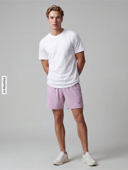 Männermodel trägt Regular Fit Sportshorts mit Label-Print von PUMA Performance in Hellrosa und Weiß auf grauem Hintergrund, Ganzkörperansicht von vorne.