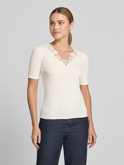 Jake*s Collection T-Shirt in Ripp-Optik mit Spitzenbesatz Offwhite 4
