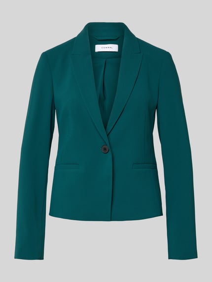 Produktfoto, Slim Fit Blazer mit Paspeltaschen von Comma in dunklem Grün, mit Reverskragen und Knopfverschluss, glatte Textur. Rückenlänge bei Größe 36: 54 cm, Brustweite 42 cm, Ärmellänge 51 cm.