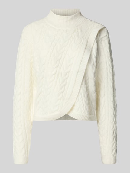 Productfoto, Strickpullover mit Woll-Anteil in Wickel-Optik van Apricot, materiaal-mix, regular fit, kabelpatroon, opstaande kraag, crème, zachte textuur