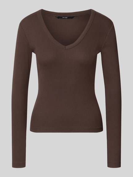 Produktfoto, braunes Slim Fit Langarmshirt aus Baumwoll-Mix Modell 'CHLOE' von VERO MODA, Damen Langarmshirt, schlichte Oberfläche