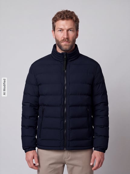 Männermodel trägt Regular Fit Steppjacke mit Stehkragen Modell 'MODENA FUSED' von Strellson in Dunkelblau, Herren Steppjacke, Ganzkörperansicht von vorne, KI-modifiziertes Bild.