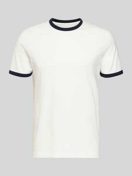 Produktfoto, Slim Fit T-Shirt mit Rundhalsausschnitt von MCNEAL z czystej bawełny, krój slim fit, krótkie rękawy, długość tyłu w rozmiarze M: 70 cm, biały z czarnymi akcentami, gładka tekstura