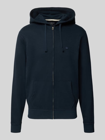 Produktfoto, Regular Fit Sweatjacke aus Baumwoll-Mix mit Label-Detail von Superdry, dunkelblau, Känguru-Tasche, Kapuze, elastische Abschlüsse, Vorderansicht