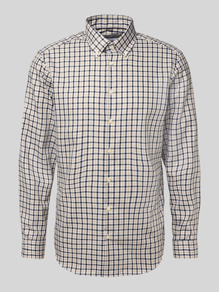 Produktfoto, Regular Fit Business Hemd aus Baumwolle von Christian Berg Men in Beige-Blau kariert, Button-Down-Kragen, Knopfleiste, reine Baumwolle, regelmäßige Passform, ansicht von vorne.