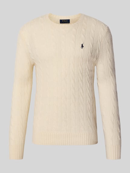 Produktfoto, cremefarbener Regular Fit Pullover aus Woll-Kaschmir-Mix von Polo Ralph Lauren vor grauem Hintergrund, Pulloverstruktur sichtbar