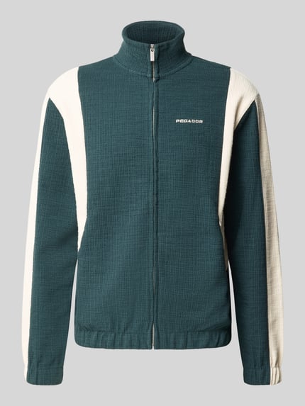 Produktfoto, Regular Fit Sweatjacke aus Baumwoll-Mix Modell 'Martim' von PEGADOR, Stehkragen, Reißverschluss, elastische Abschlüsse, dunkelgrün-weiß, fakturierte Struktur