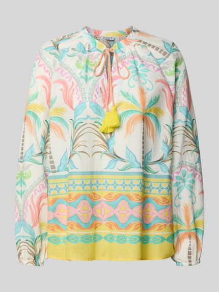Produktfoto, Relaxed Fit Bluse mit Schlüssellochausschnitt von Emily Van den Bergh aus Reine Baumwolle, Floraler-Print, Allover-Print, Langarm, sanfte Pastellfarben, strukturierte leichte Oberfläche, Rückenlänge 65 cm, Ärmellänge 60 cm, Größe 36