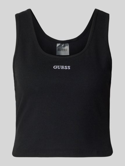 Productfoto, zwart ribgebreid Slim Fit Top met Logo-Stitching model 'Circe' van Guess Activewear, elastische katoenmix, ronde hals, ruglengte maat S 29 cm