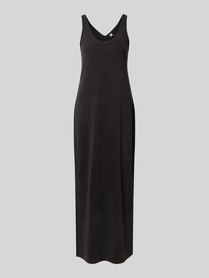 Produktfoto, Maxikleid met ronde hals en gestikt logo, van viscosemix met stretch, loose fit, zwart, Maxikleid mit Rundhalsausschnitt und Logo-Stitching van Karo Kauer, ruglengte maat S 141 cm, borstwijdte 40 cm