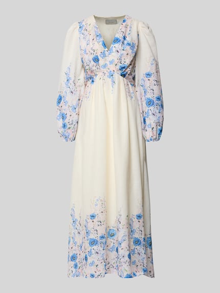Productfoto, Maxikleid met V-hals model 'SILFI' van Neo Noir, getailleerde fit, allover bloemenprint, crèmekleur met blauwe accenten, lange mouwen, lengte 140 cm, borstbreedte 51 cm, mouwlengte 66 cm