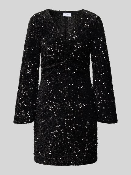 Produktfoto, schwarzes Minikleid mit silbernen Pailletten, V-Ausschnitt, A-Linienform, Modell 'BARINA' von Vila, strukturierte Textur