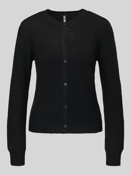 Produktfoto, schwarze Regular Fit Strickjacke mit Woll-Anteil Modell 'MALOU' von PIECES, Damen Strickjacke, glatte Textur, klassische Knopfleiste