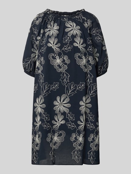 Produktfoto, Knielanges Kleid mit Rundhalsausschnitt und Raffungen von Milano Italy aus katoenmix, loose fit, 1/2-mouwen, donkerblauw met witte bloemenprint, knielengte