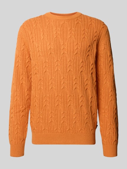 Produktfoto, Strickpullover aus Baumwoll-Woll-Mix mit Zopfmuster von Fynch-Hatton in Orange, Regular Fit, Rundhalsausschnitt, grobe Struktur