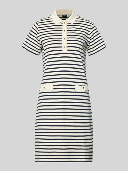 Produktfoto, Knielanges Kleid mit Polokragen Modell 'Travissa' von JOOP!, cremefarben mit dunkelblauen Streifen, reine Baumwolle, gerader Schnitt, Knopfleiste, zwei Pattentaschen, Struktur glatt.
