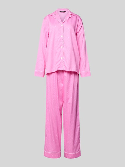 Produktfoto, Pyjama uit katoen-viscose-mix met reverskraag van Lauren Ralph Lauren, regular fit, roze met witte stippen, tunnelkoord, knoopsluiting.