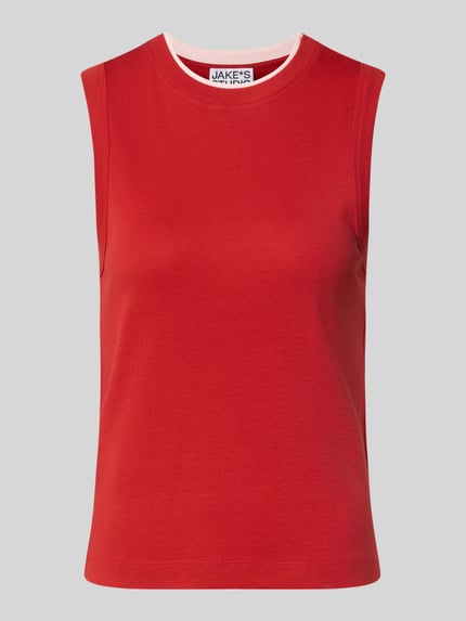 Produktfoto, rotes Damen Tanktop aus Reine Baumwolle mit weißem Rundhalsausschnitt, Regular-Fit, Tanktop aus Baumwolle mit Rundhalsausschnitt von JAKE*S STUDIO WOMAN, Rückenlänge bei Größe 38: 57 cm