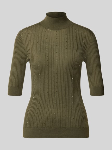 Produktfoto, Slim Fit Longsleeve aus reiner Lanawolle Modell 'Maglia Costine' von Liu Jo White, olivgrün, feine Rippenstruktur, Stehkragen, halblange Ärmel, semitransparent, schmale Passform
