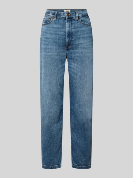 Produktfoto, dames jeans van Drykorn, model 'FLOWN', relaxed fit, mix van katoen en elastaan, steekzakken, rechte blauwe denimtextuur