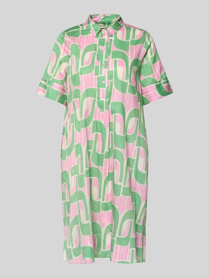 Produktfoto, Knielanges Hemdblusenkleid mit kurzer Knopfleiste von Milano Italy in Reine Baumwolle mit grün-rosa Muster, Gerader-Schnitt