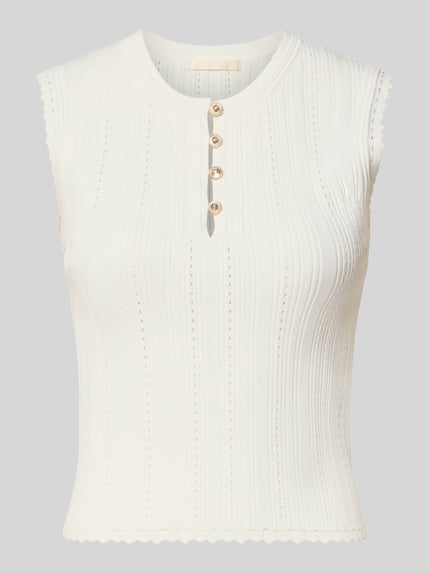 Produktfoto, Stricktop in Pointelle-Strick mit kurzer Knopfleiste von GUESS, weiß, Viskose-Mix, Körpernaher-Schnitt, Rundhalsausschnitt.