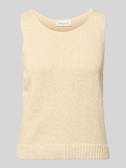 Produktfoto, Regular Fit Oberteil in Strick-Optik Modell 'Hannalie' von MSCH Copenhagen, Reine Baumwolle, Ärmelloses-Design, Rundhalsausschnitt, cremefarben, strukturierte Strick-Optik(Oberteil), Rückenlänge bei Größe S/M 51 cm