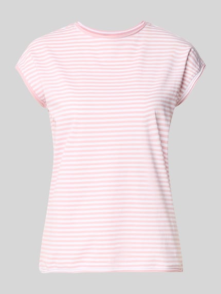 Produktfoto, T-Shirt mit Rundhalsausschnitt von Christian Berg Woman, weiß-rosafarbene Streifen, reine Baumwolle, Regular Fit, Rollsaum
