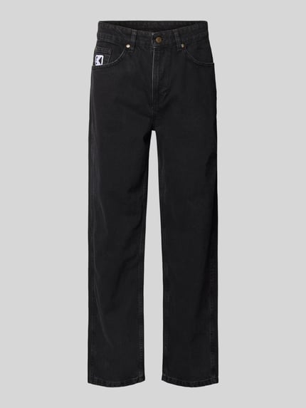 Produktfoto, Baggy Jeans im 5-Pocket-Design mit Logo-Stitching von KARL KANI aus reiner Baumwolle in Schwarz, sichtbare Nähte, strukturierte Textur