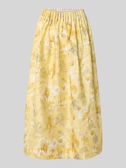 Produktfoto, spódnica midi z wysokim stanem z mieszanki lyocellu i lnu, linia a, drapowania, wpuszczana kieszeń, żółte i białe kwiaty, model 'LEMON' od YAS, szerokość w rozmiarze 36: 35 cm, całkowita długość: 88 cm