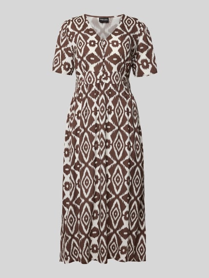 Produktfoto, A-Linien Midikleid aus reiner Viskose Modell 'TALA' von Pieces mit Optik:Allover-Muster in Braun und Weiß, Knopfleiste, Kurzarm, V-Ausschnitt.