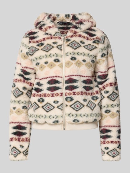 Produktfoto, Regular Fit Sweatjacke mit Kapuze Modell 'ANNA' von Only, Optik:Allover-Muster, mehrfarbig, Teddy-Fell, Reißverschluss, Label-Stitching.