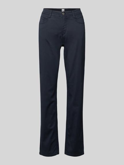 Produktfoto, dunkelblaue Flared Fit Stoffhose mit 5-Pocket-Design, Modell 'Carola' von Brax, glatte Baumwoll-Lyocell-Oberfläche.