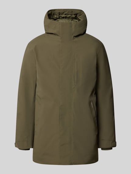 Produktfoto, Regular fit lange jas met capuchon Model 'KEEN' van JACK & JONES in olijfgroen met borstzak en steekzakken, heren, context: Ruglengte bij maat M 84 cm, schouderbreedte 49 cm, borstwijdte 59 cm, mouwlengte 66 cm
